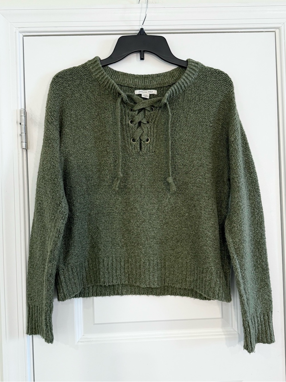American Eagle Outfitters Olive Green Lace-Up Crewneck Sweater Women’s S